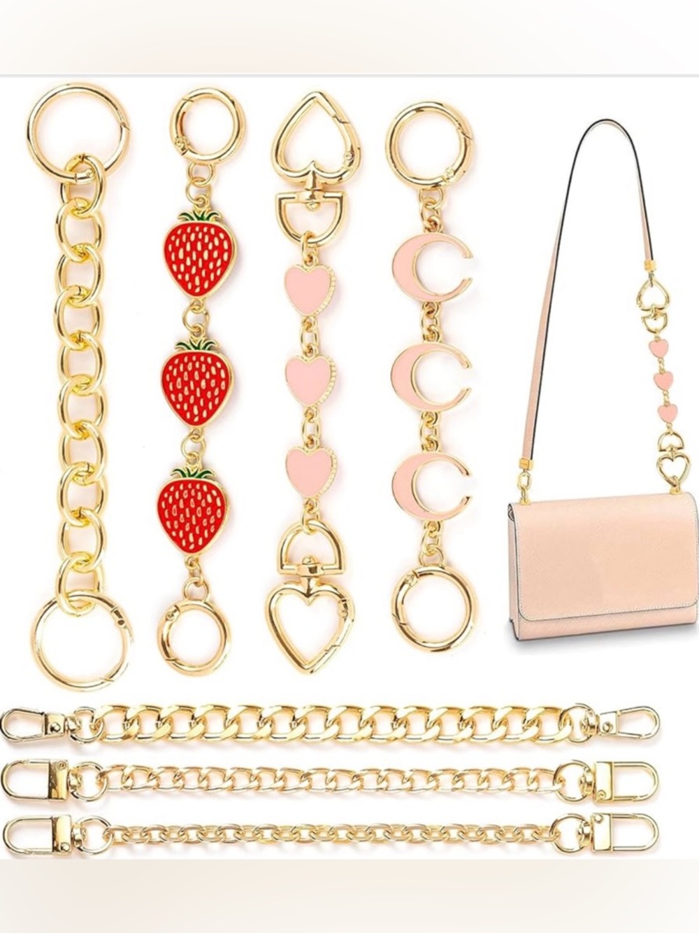 Gold Chain Purse Straps with Pink & Red Charms